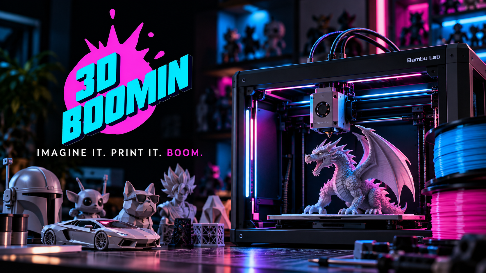 3DBOOMIN studio, 3D printer and finished creations